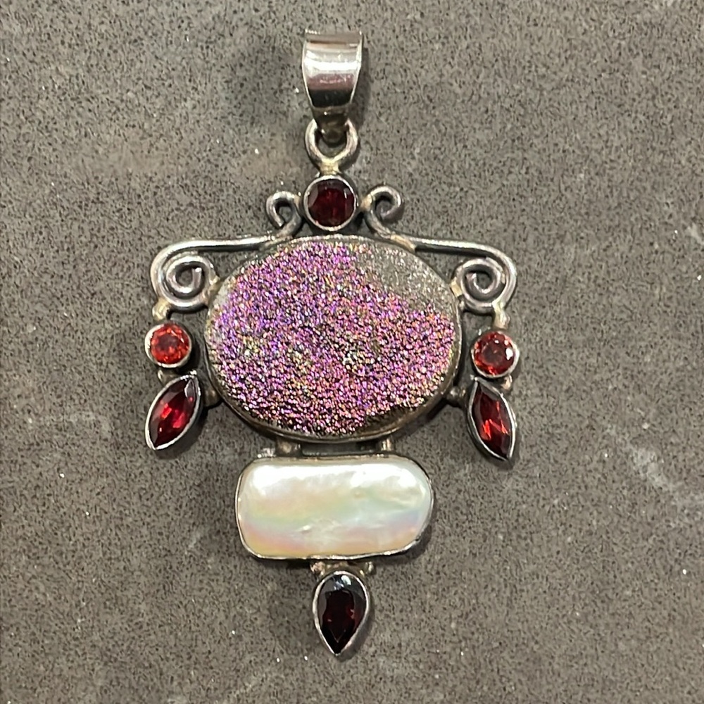 Vintage Red and White Stone 925 Silver Pendant